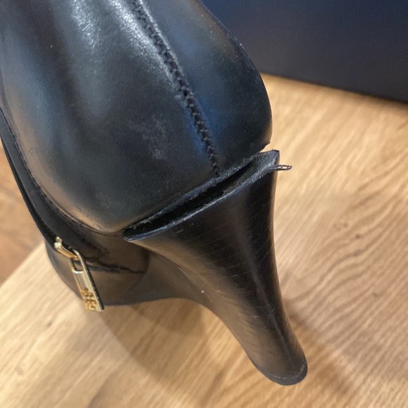 Tory Burch Black Leather Whipstitch Wedge Booties - Picture 5 of 6